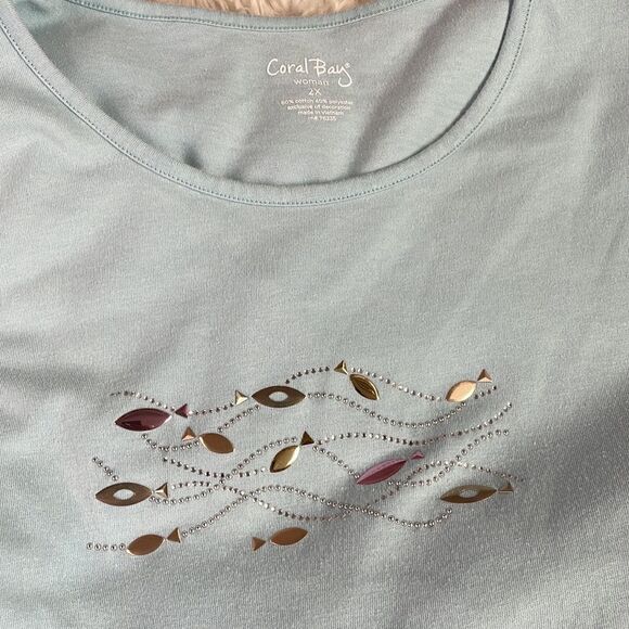 Coral Bay Womens Plus Size Top, Tropical Fish Embellishment, Blue, Size 2X - Picture 5 of 6